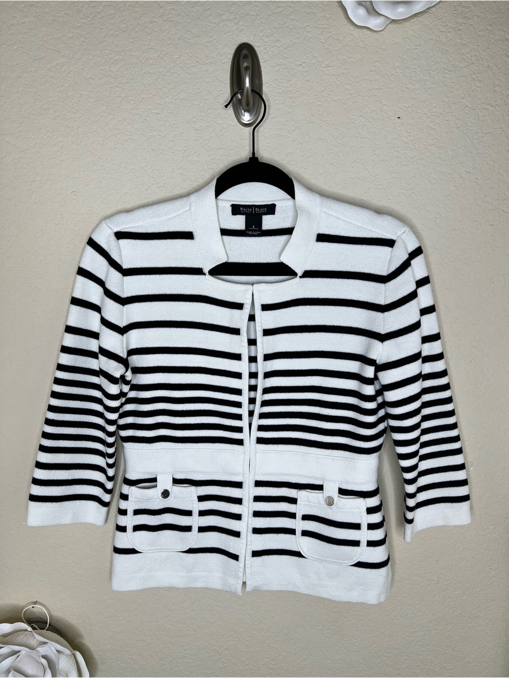 NTM: White House Black Market Striped Knit Cardigan Jacket Black White Small